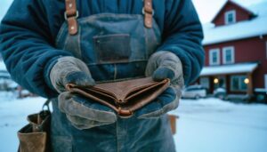 Eye-level close-up of a miner’s gloved hands holding an open, empty wallet in a snowy Canadian mining town at twilight, with a softly blurred warm-lit storefront and distant mine headframe in the background, conveying economic hardship without readable signage.
