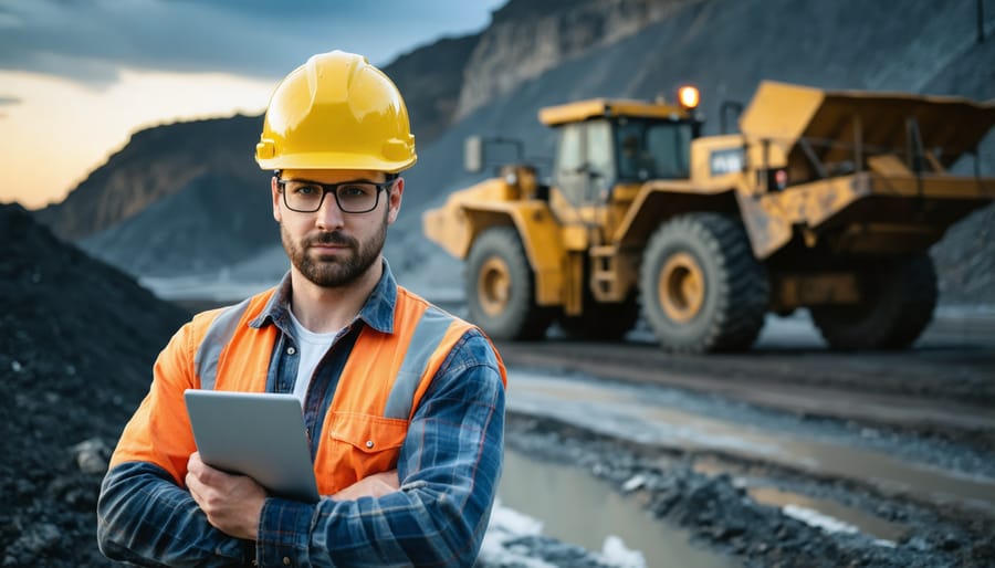 Mining worker's hands with calculator and bills on kitchen table showing financial stress