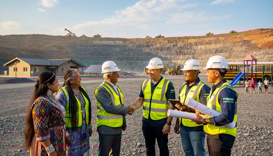 Indigenous elder and mining professional collaborating at Canadian mining site