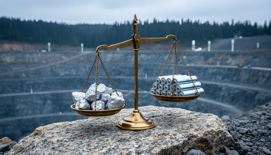 Close-up of a brass balance scale on granite with nickel ore on one side and stacked cylindrical battery cells on the other, set before a softly blurred Canadian open-pit mine and conifer forest under overcast light.