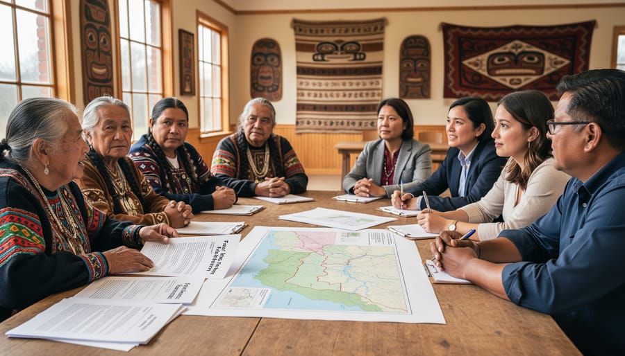 Indigenous community members engaged in collaborative decision-making meeting about mining development