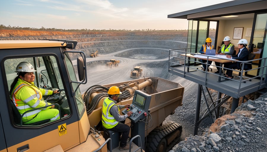 Indigenous workers operating mining equipment at open pit mining site