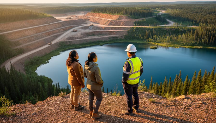 Two Indigenous community representatives and a mining engineer stand on a rocky ridge at golden hour, overlooking a partially reclaimed open-pit mine bordered by boreal forest and a lake, with haul roads, distant trucks, and young tree plantings visible in the background.