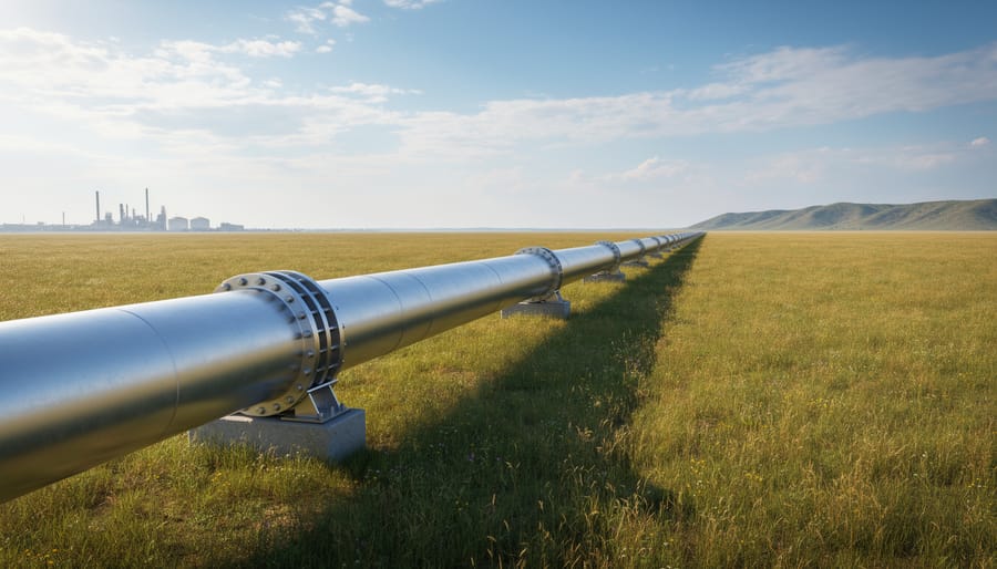 Steel pipeline with valves crossing a snowy Saskatchewan landscape in warm golden-hour light