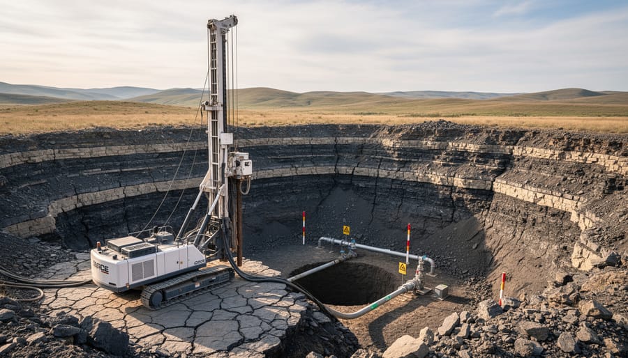 Low-angle view of rock and soil in front of an industrial drill rig near a storage site