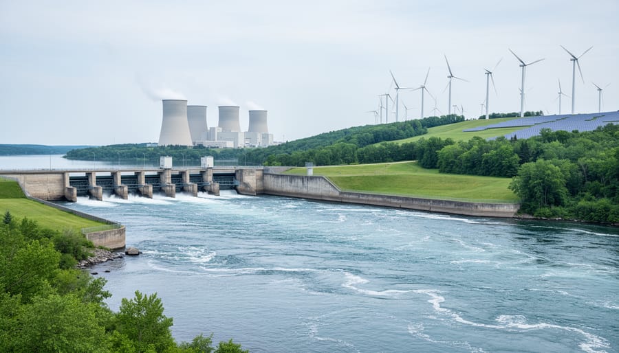 Scenic Ontario landscape showing a hydroelectric dam on a river, distant nuclear facility cooling towers, and wind turbines on a rural ridgeline under an overcast sky, with hints of solar panels near the horizon.