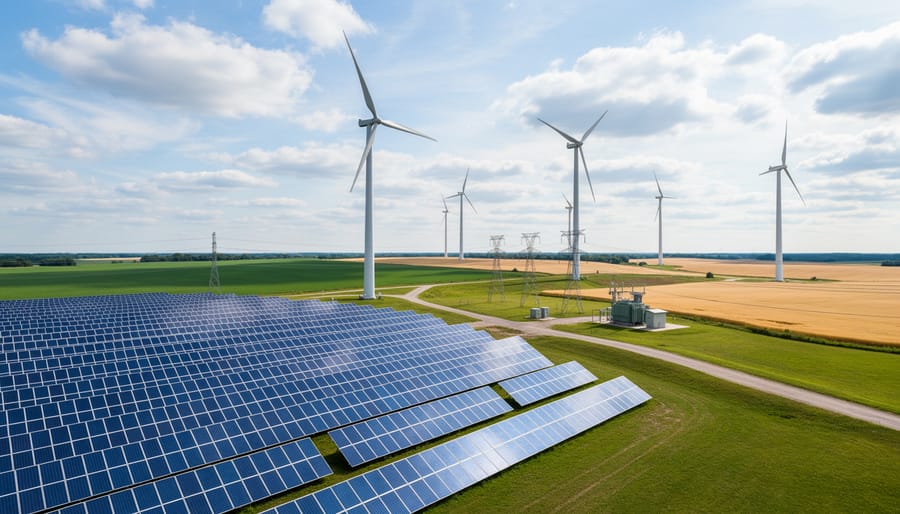 Wind turbines and solar panels in an Ontario landscape during golden hour