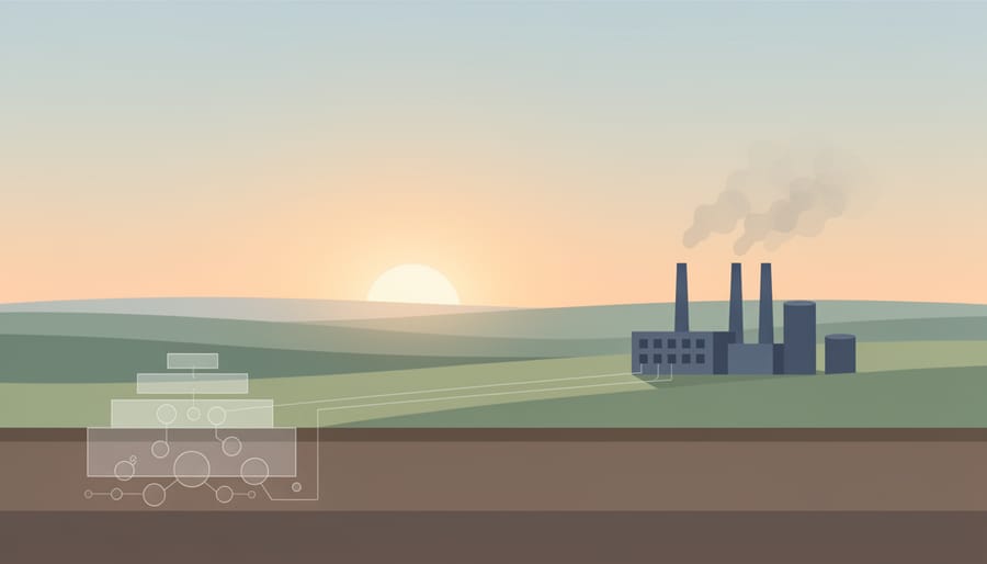 Sunrise over Saskatchewan prairie grass with distant industrial silhouettes and soft haze symbolizing captured emissions