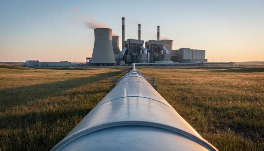 Ground-level wide view of an industrial power plant with cooling towers and a steel pipeline stretching across the Saskatchewan prairie at sunset, conveying carbon capture and transport infrastructure.