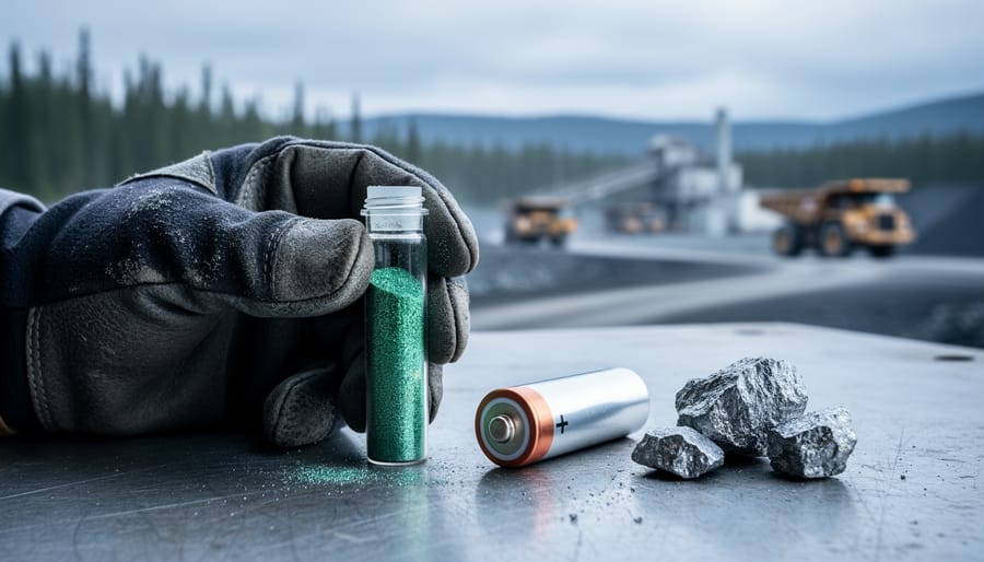 Close-up of a gloved hand holding nickel concentrate next to lithium battery hardware and metallic ore fragments on a rugged workbench with a blurred Canadian industrial and landscape background.