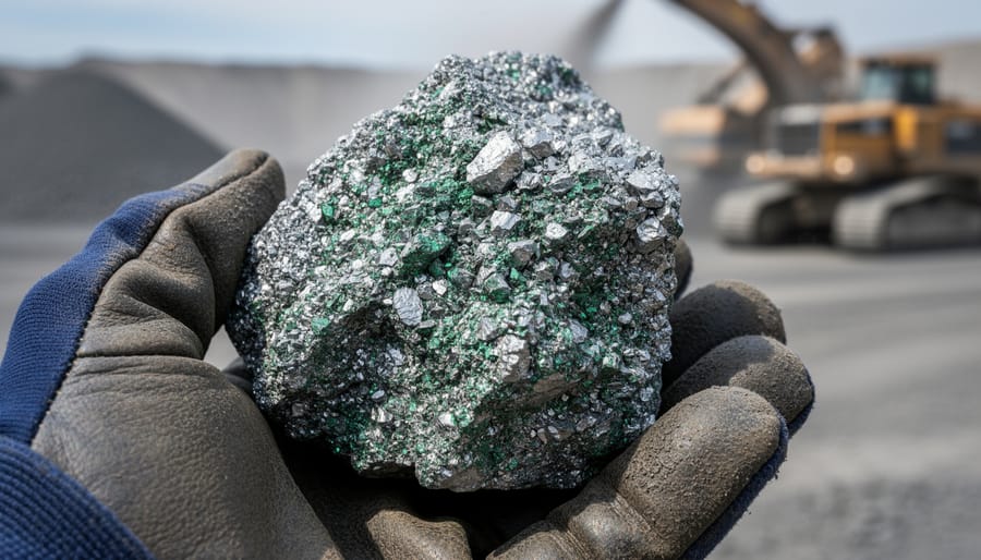 Close-up of a nickel ore rock sample with a magnet on a workbench