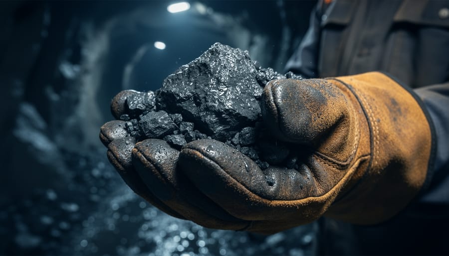 Close-up of dark wet ore rocks in a gloved miner’s hand near a mining site