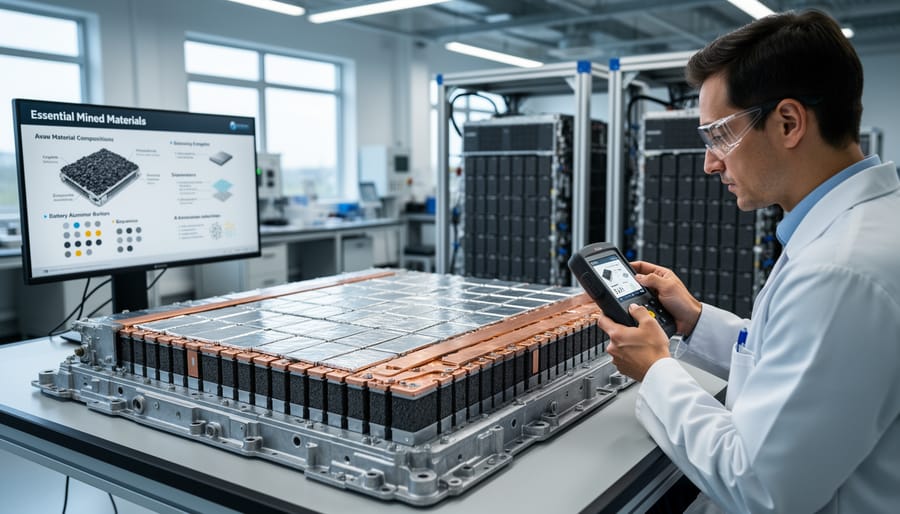 Close view of a battery module with metal casing and copper contacts being inspected in a workshop