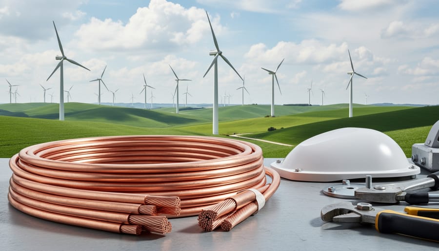 Copper electrical cable coiled on a work bench with wind turbine hardware visible in the background