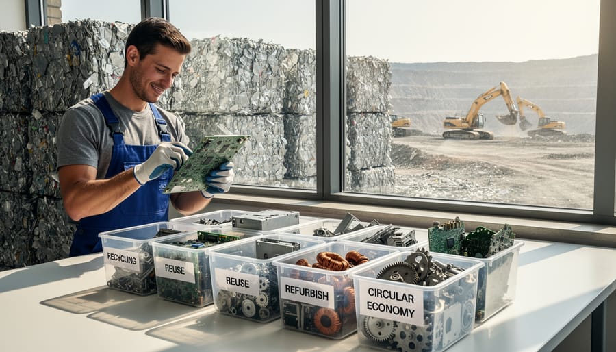 Gloved hands holding a recovered electronics circuit board fragment in a recycling workspace