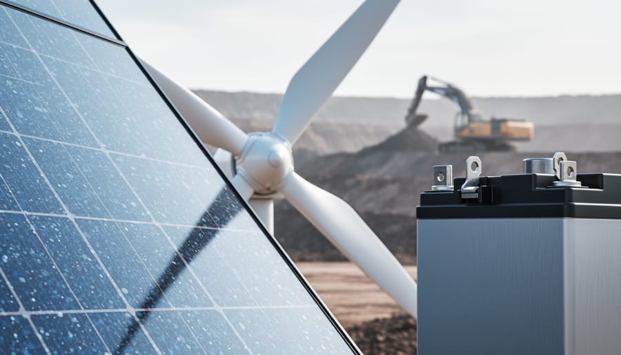 Close-up of solar panel and wind turbine components beside a metallic battery module, with an out-of-focus industrial mining context in the background.