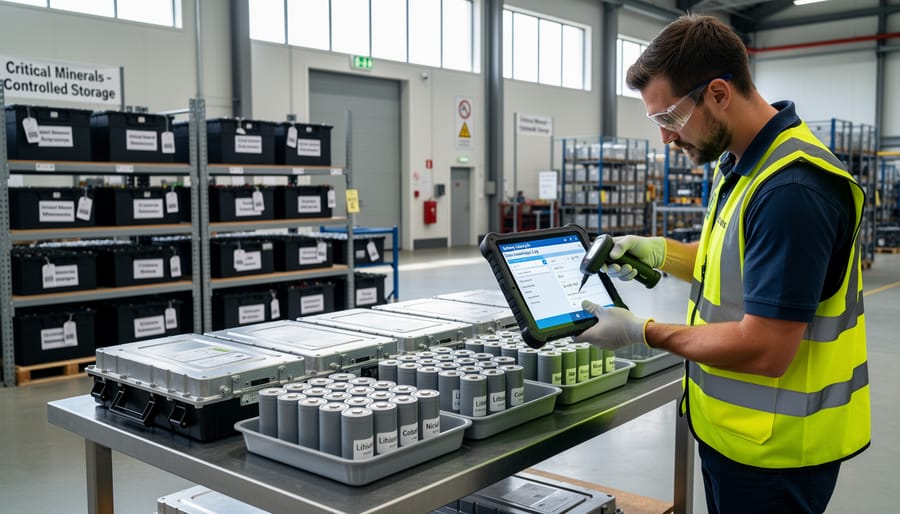 Warehouse worker inspecting lithium-ion battery packs in a recycling facility