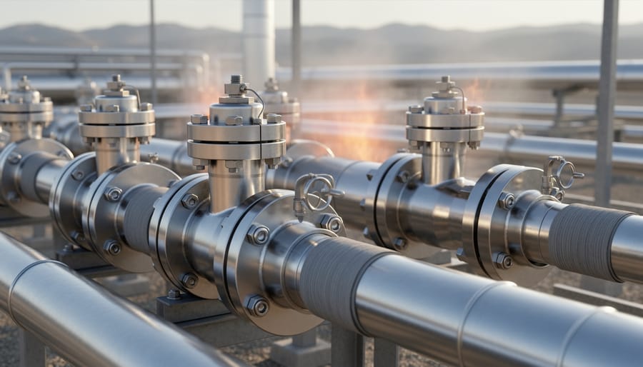 Close-up of stainless-steel piping and valves at a geothermal energy facility