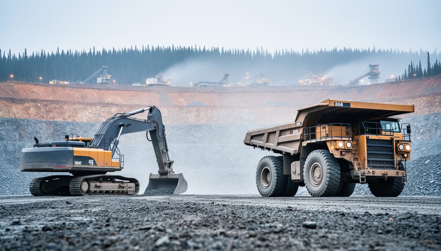 Excavator and haul truck operating at a Canadian open-pit nickel mine with boreal forest in the background under an overcast sky.