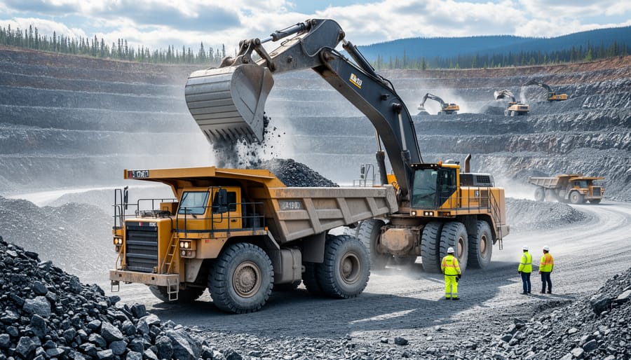 Mining truck and excavator near a mine entrance with rocky walls in the background.