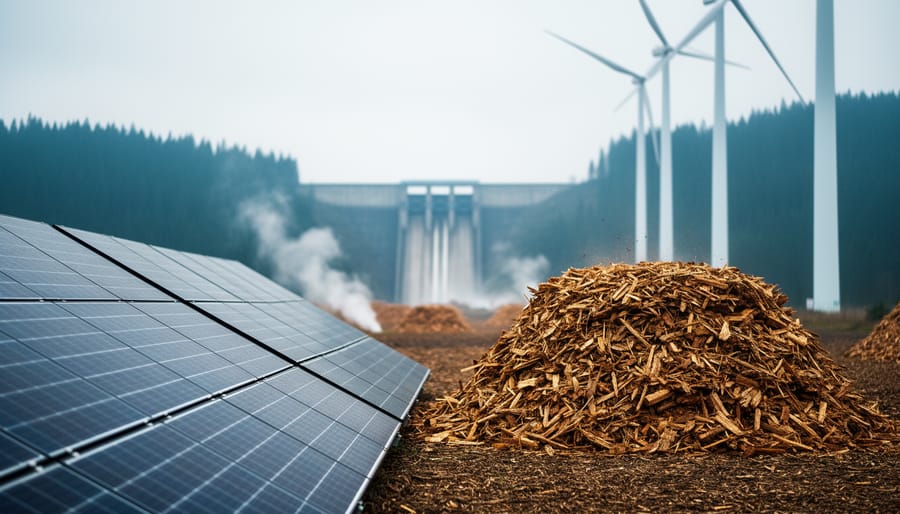 Wide view of a Canadian renewable energy landscape featuring solar panels, wind turbines, a distant hydropower dam, geothermal steam, and biomass materials in the foreground.