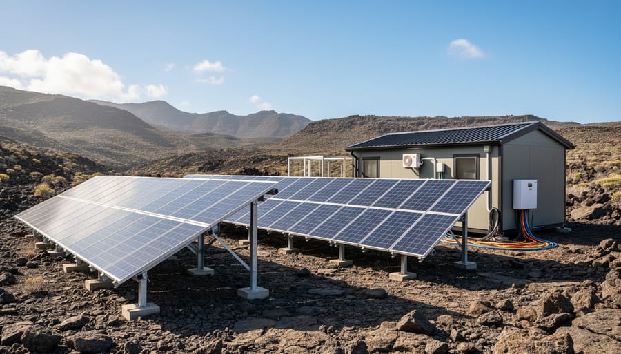Solar panels installed near an off-grid building in a remote Canadian area