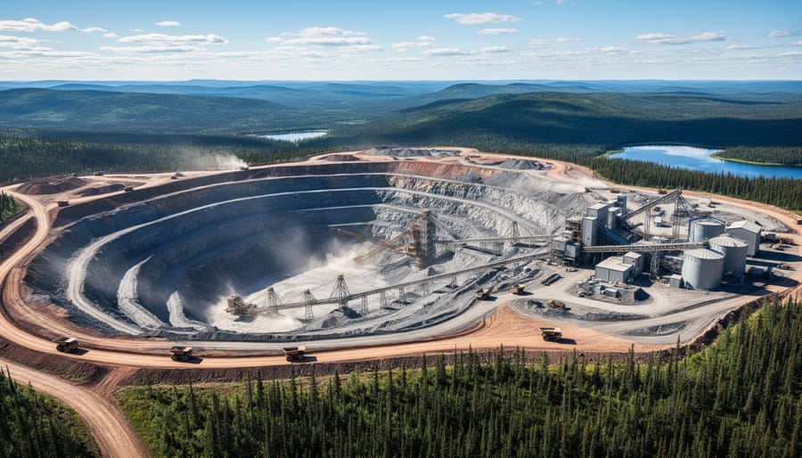 Wide view of a tailings area and distant industrial structures in Canada’s nickel mining region under an overcast sky.