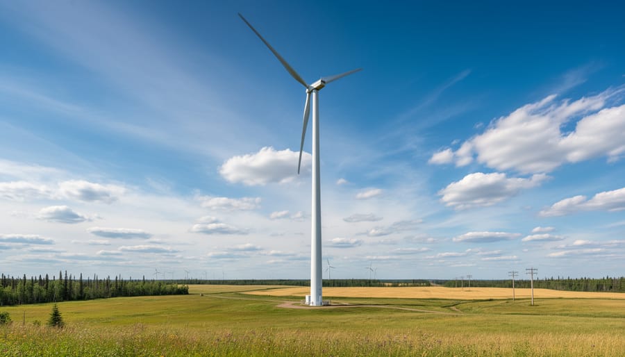 Workers and a service vehicle at the base of a wind turbine in Canada during golden hour