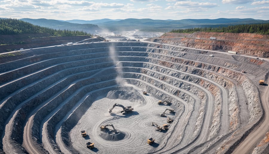 Wide view of a Canadian open-pit nickel mine at dawn with terraced rock and distant equipment.