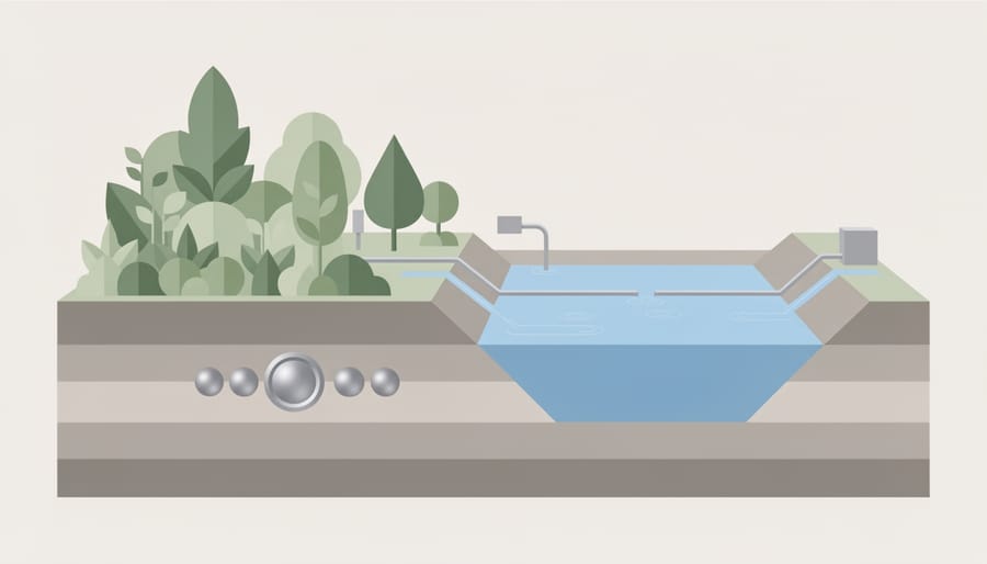Restored greenery growing on reclaimed mine land with a small water drainage channel.