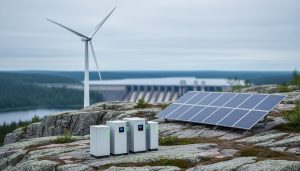 Wind turbines and solar panels with modern battery storage components in a Canadian Shield rocky landscape, representing clean energy powering digital services.