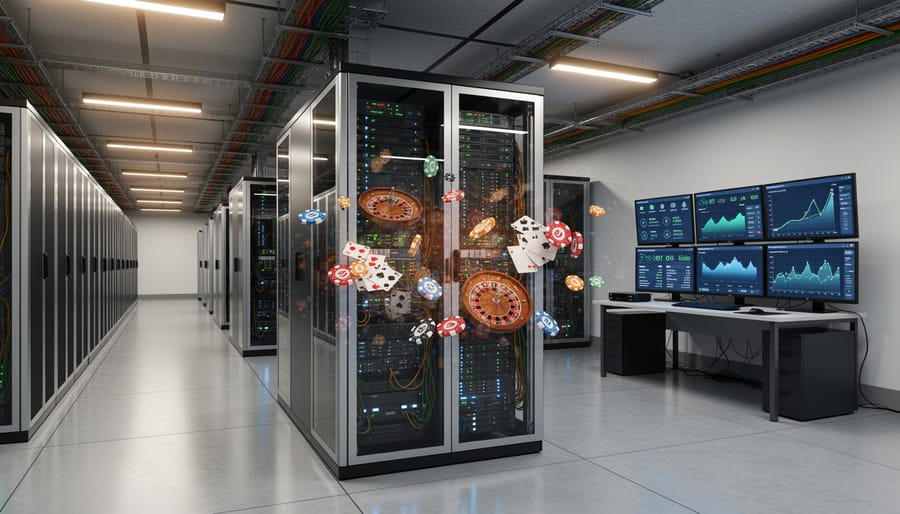 Close-up view of server rack with glowing fiber-optic cables in a data center