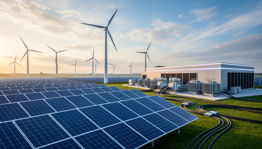 Solar panels and wind turbines at dusk representing renewable energy