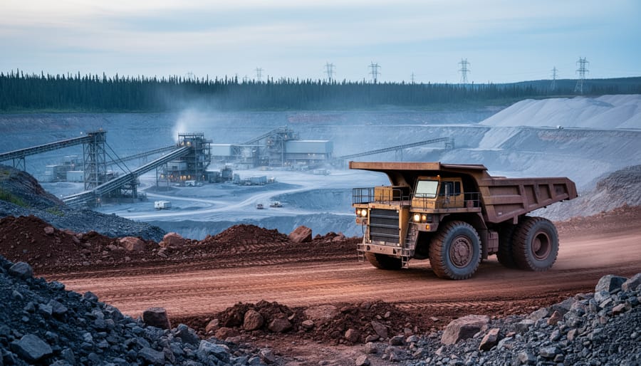 Wide editorial view of a Canadian nickel mine landscape with mining equipment, an open pit in the distance, and surrounding forest under dusk overcast lighting.