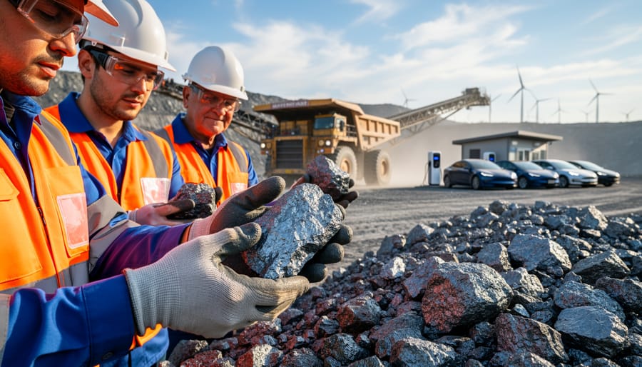 Worker in safety gear holding rough ore at a nickel mining site.